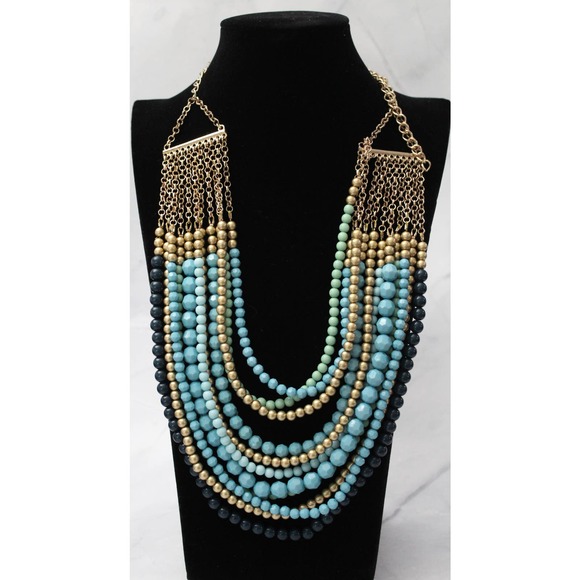 Magnificent 11 Strand Necklace in Shades of Greens, Blues, Gold, Black Beads N73 - Picture 1 of 6